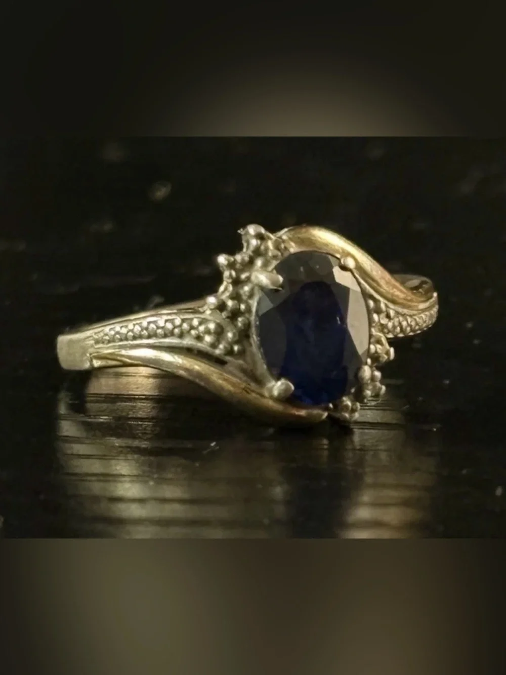 Vintage 925 Sterling Silver 10K Gold Genuine Oval Blue Sapphire Ring Size 7